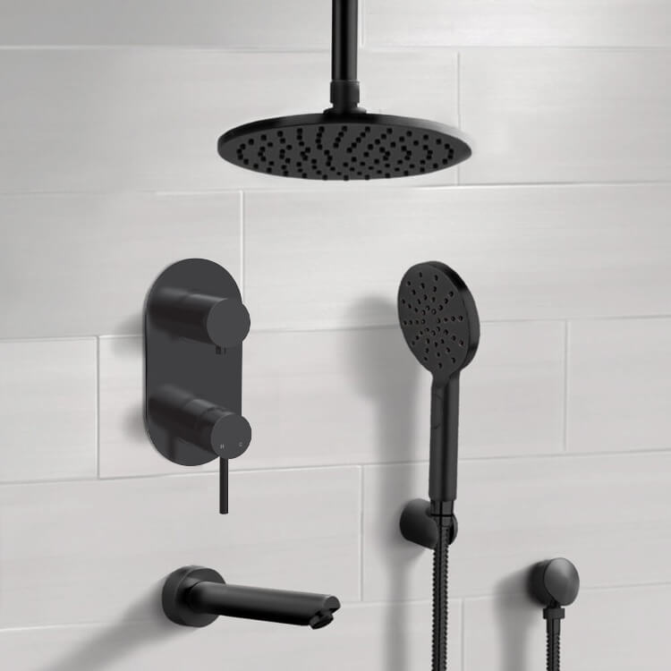 Remer TSH72 Matte Black Tub and Shower System With 8 Inch Rain Ceiling Shower Head and Hand Shower